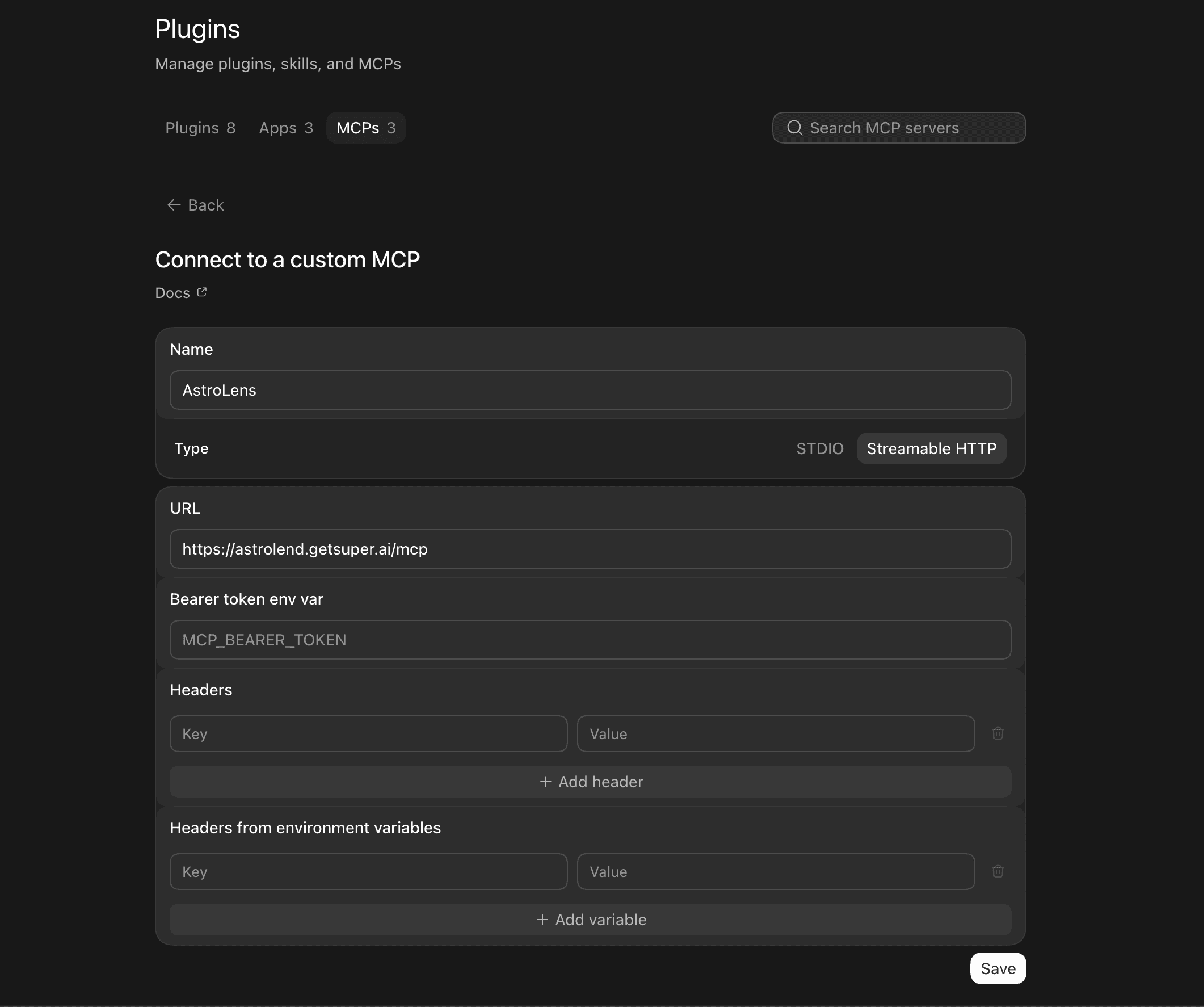ChatGPT create-connector form with the AstroLens name, MCP server URL and authentication set to None