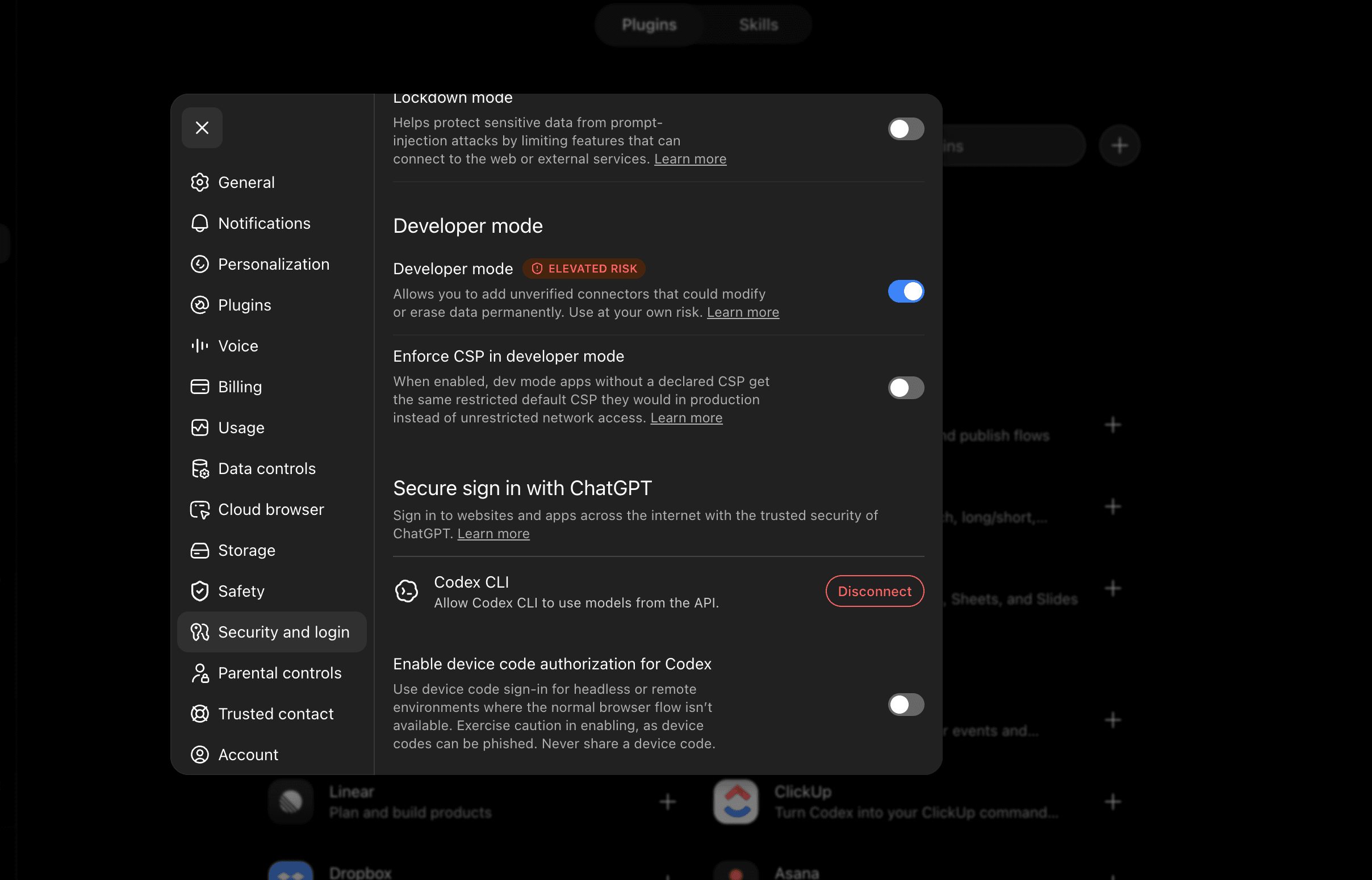 ChatGPT Settings, Connectors, Advanced section with Developer mode enabled