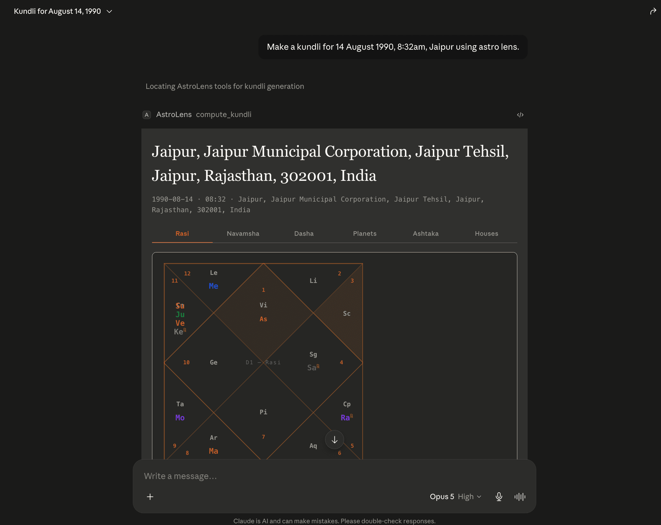 A kundli chart rendered inline inside a Claude conversation
