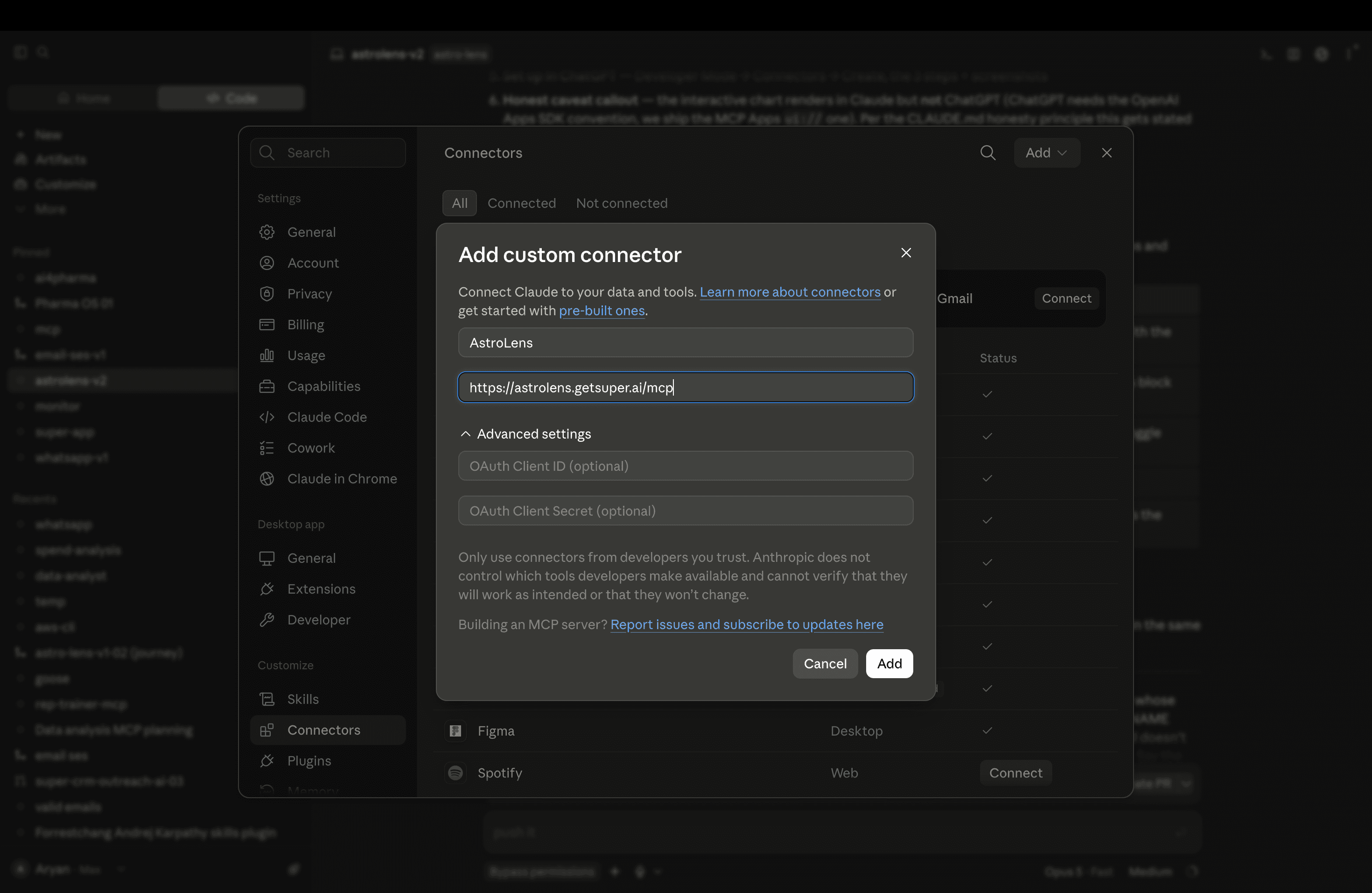 Claude Settings, Connectors tab, with the AstroLens custom connector URL filled in