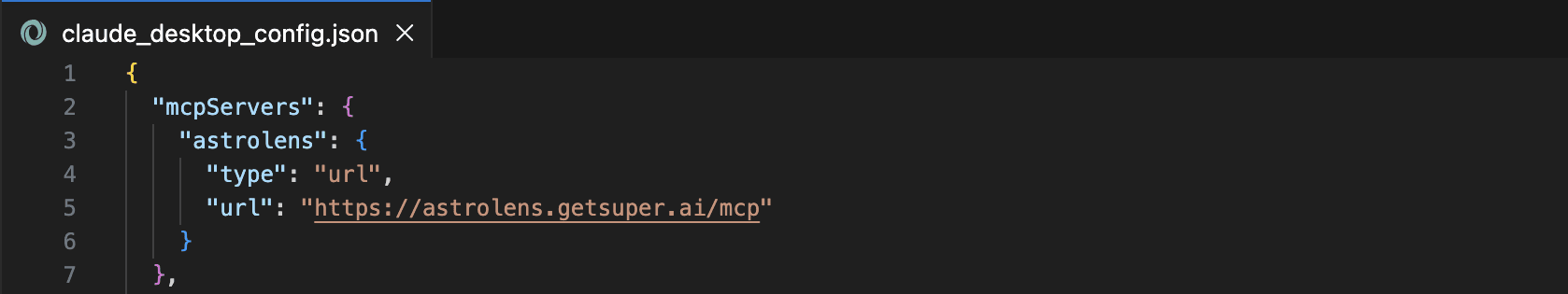 claude_desktop_config.json open in an editor with the astrolens server block added