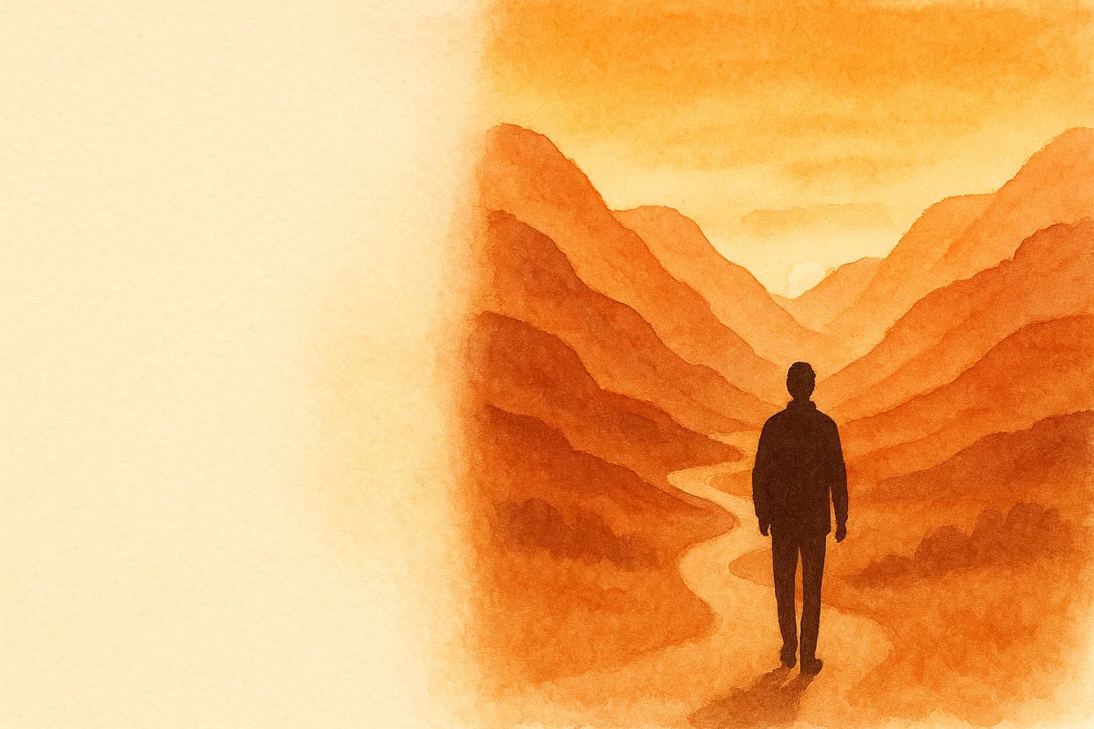 Watercolor: figure on a winding mountain path at golden-hour sunset